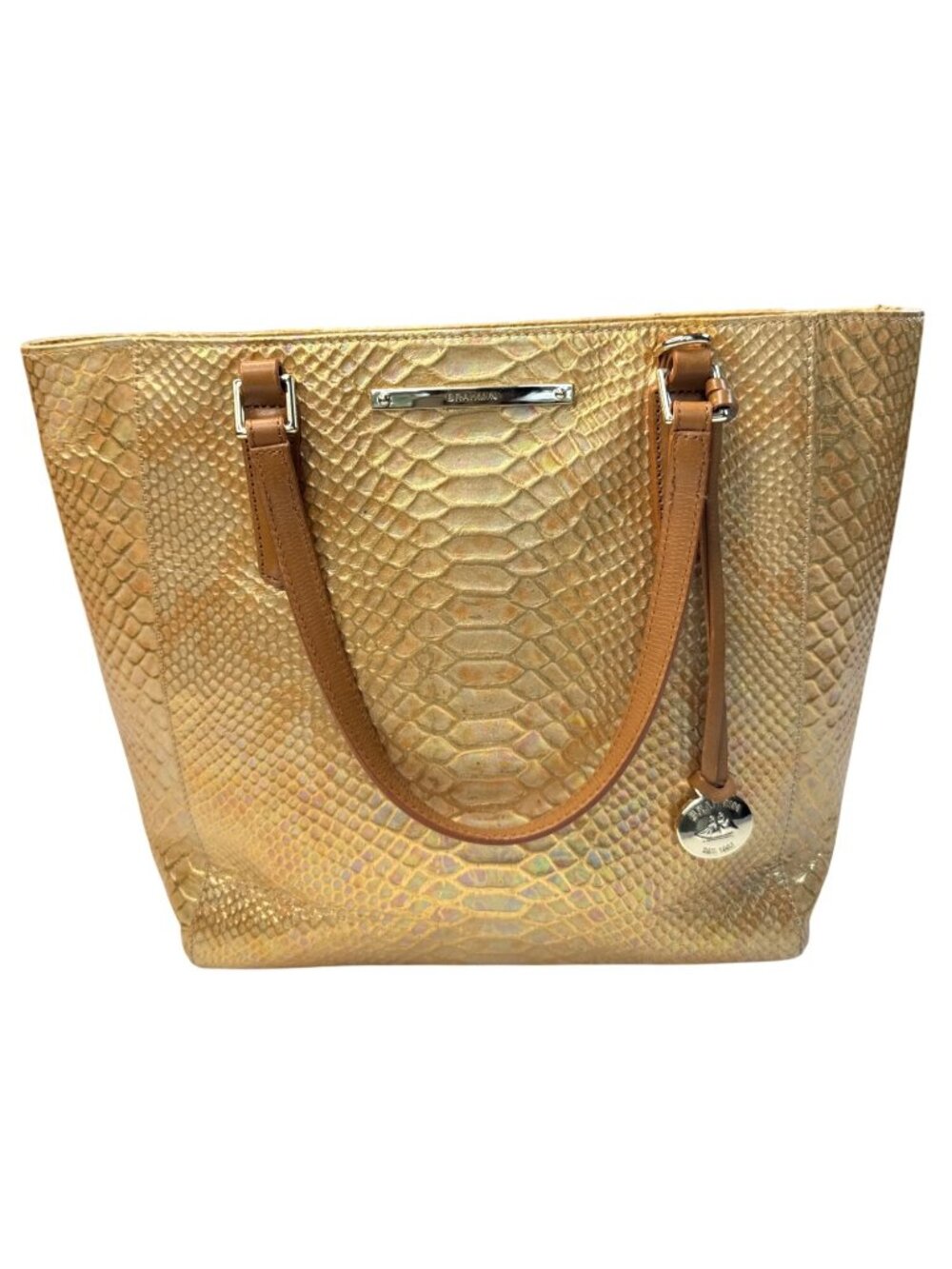Brahmin Gold Snake Embossed Leather Tote Bag With Tan Straps & Multiple Pockets